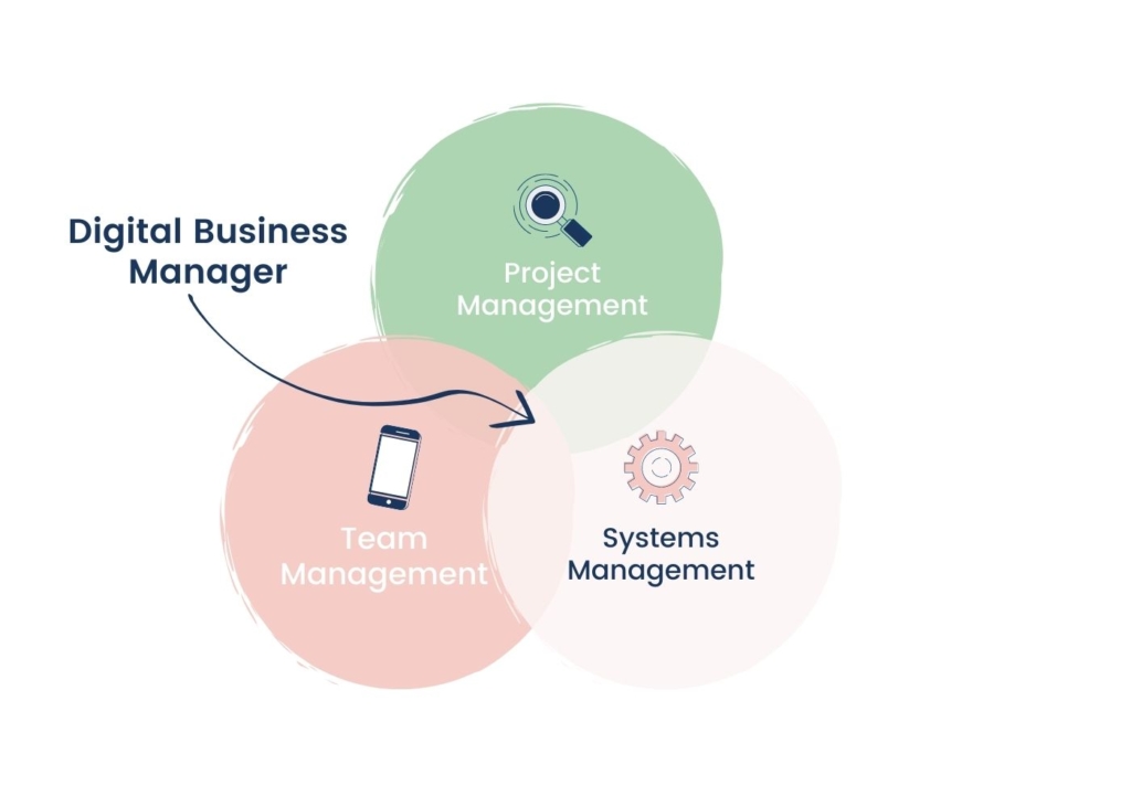Venn Diagram showing three pillars of being a DBM - Project management, Team management, Systems management
